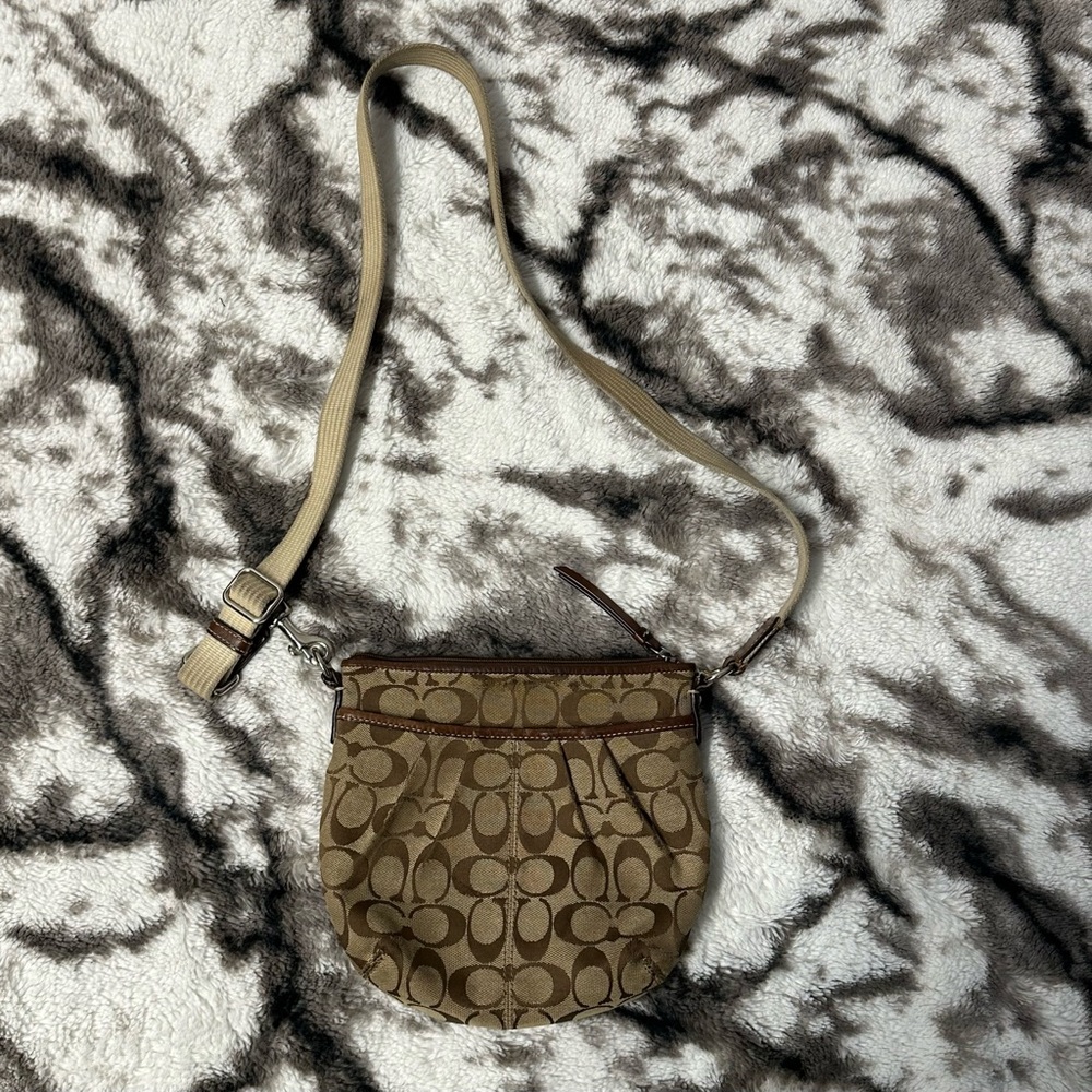 COACH brown/tan soho mini C monogram leather crossbody purse.